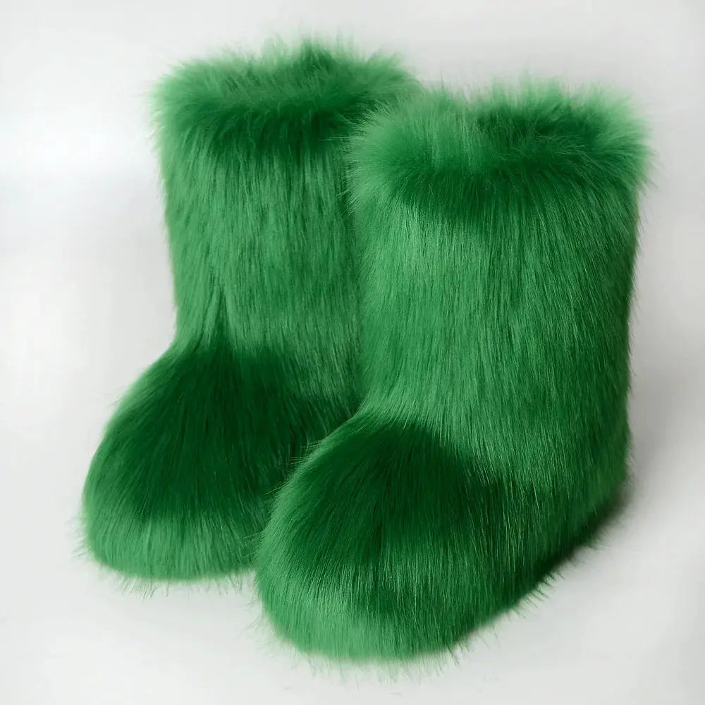Women's Winter Snow Boots With Plush Faux Fox Fur Mid Calf Warm Platform Shoes For Cold Weather Outdoor