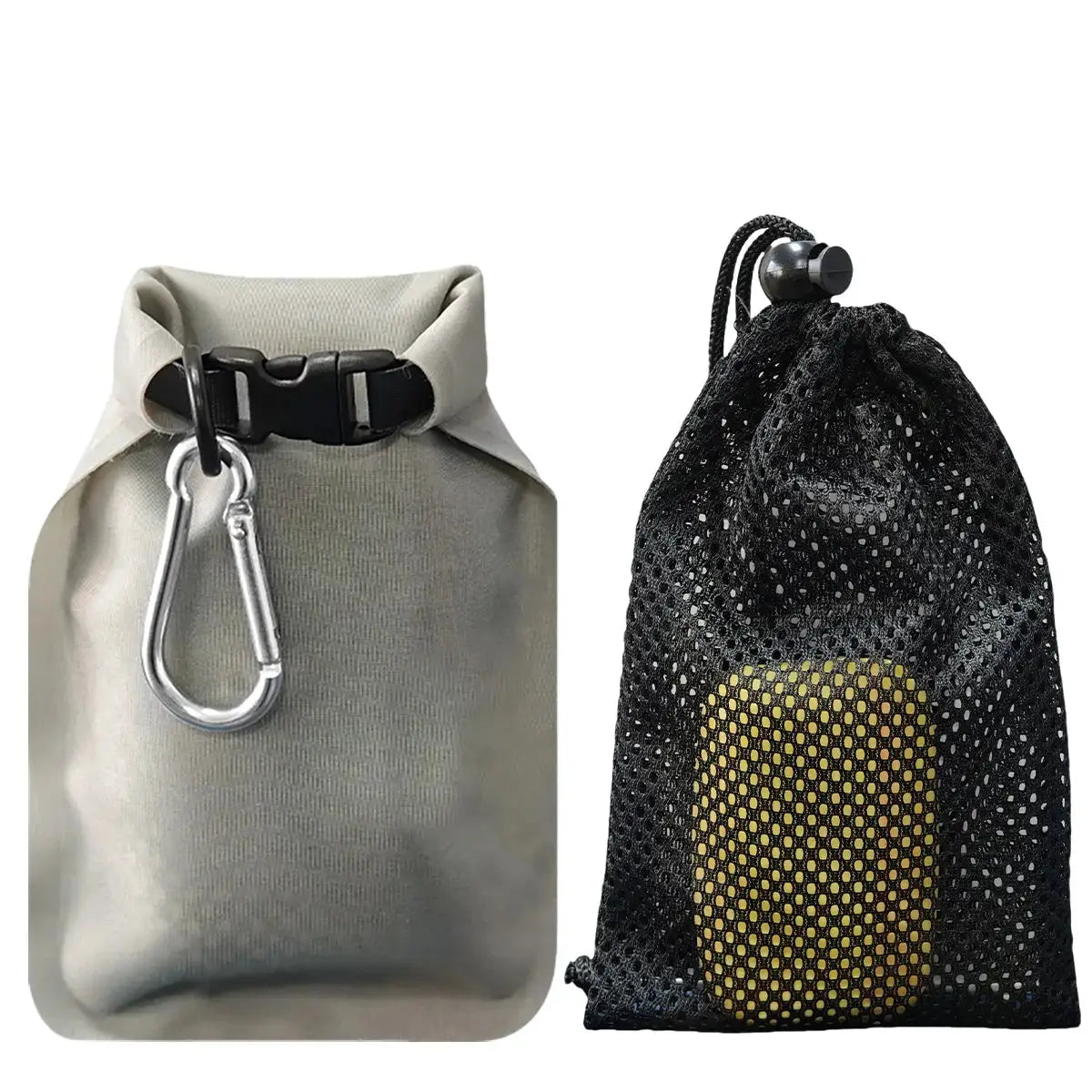 Soap Bar Case two-pack: gray waterproof travel case with carabiner and black mesh quick-dry pouch with yellow soap.