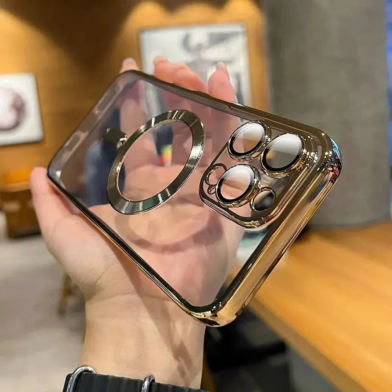 Luxury clear MagSafe phone case with rose-gold metal frame and large camera lens cutouts for iPhone