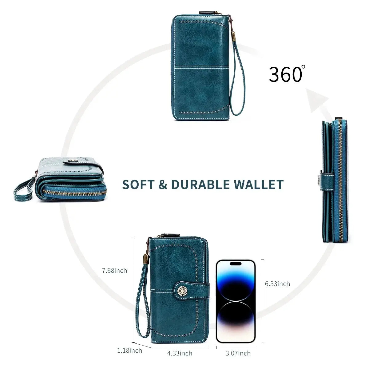 Rfid Anti-Theft Wallet by Simples Market in teal oil-waxed leather with wrist strap, long clutch design, multiple card slots and zipper pocket