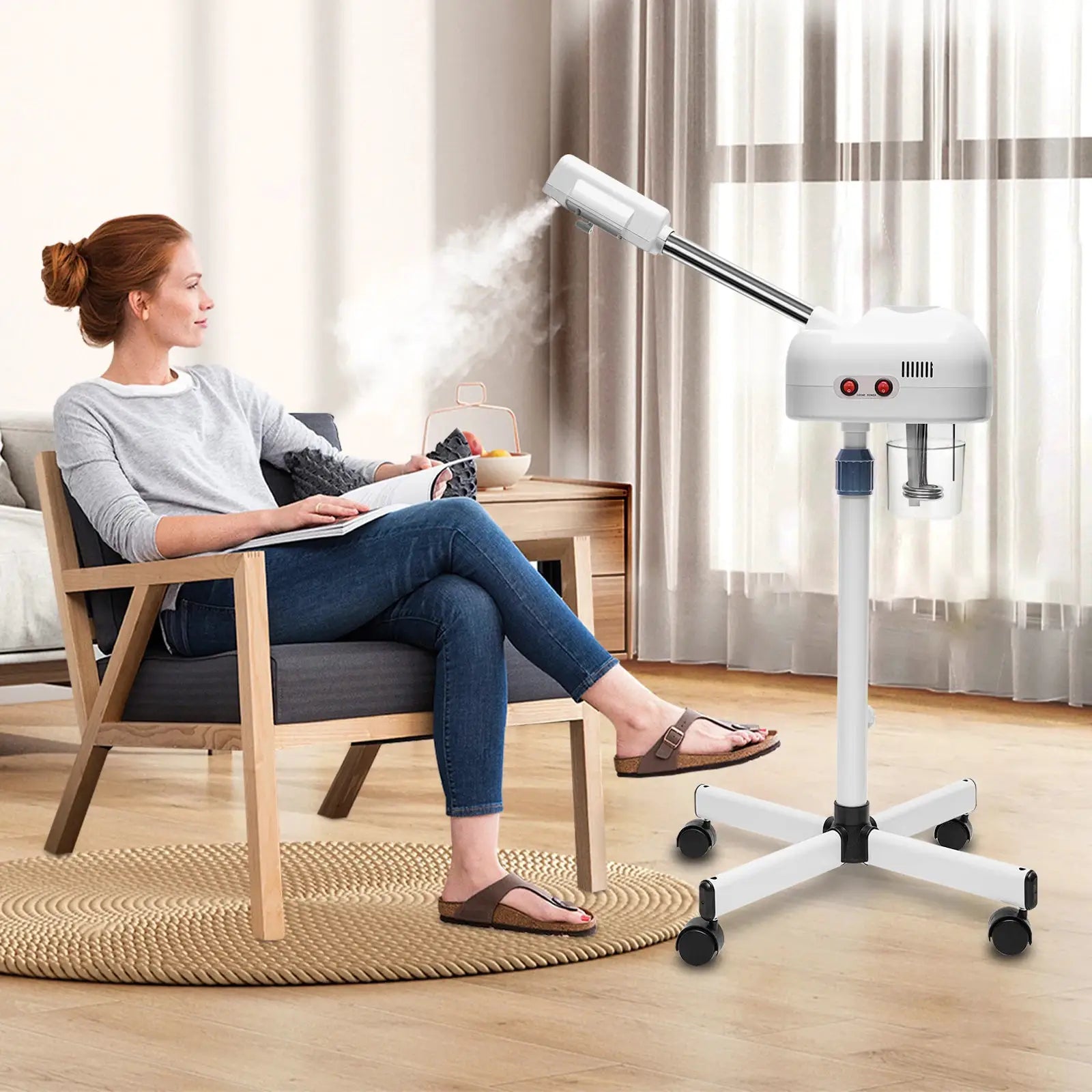 750ml ozone facial steamer on a wheeled, white height-adjustable stand with a 360° rotating arm