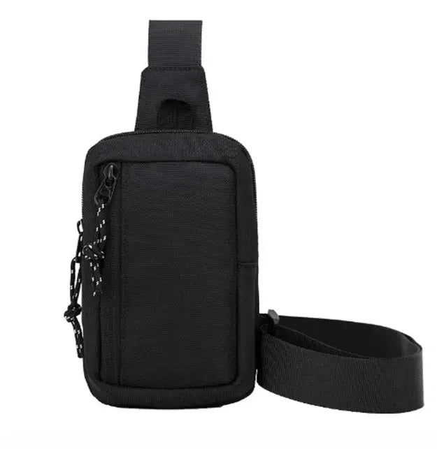 Black men's Oxford small crossbody bag with front zip pocket and long shoulder strap