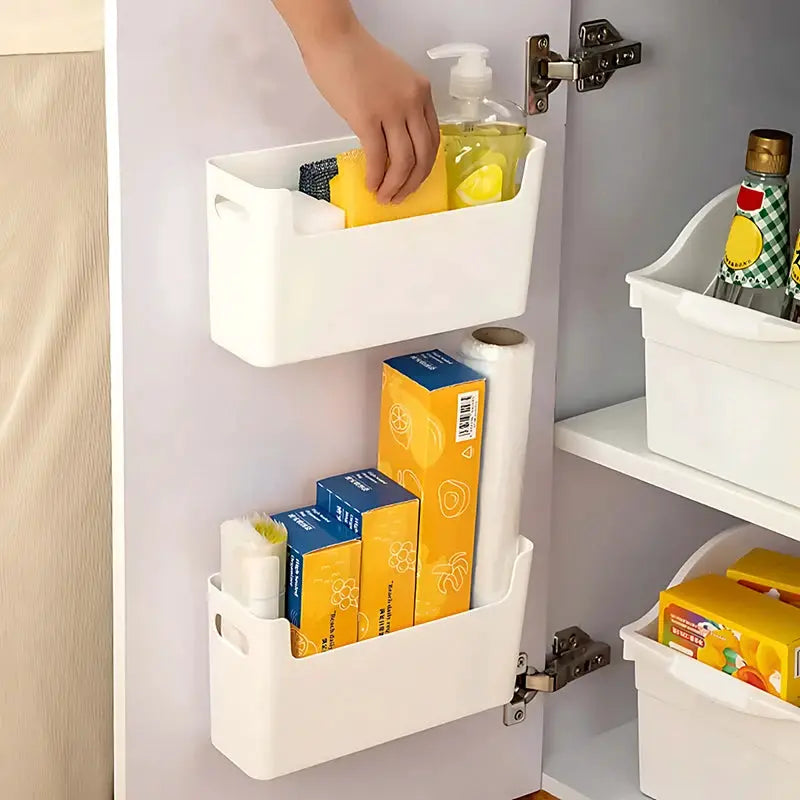 Simples Market white plastic cabinet door rack, two-tier non-perforated shelves for cling film storage