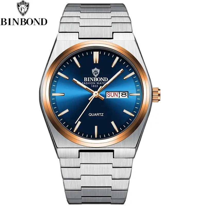 BINBOND men's stainless steel quartz watch with blue dial, rose-gold bezel, and day/date window