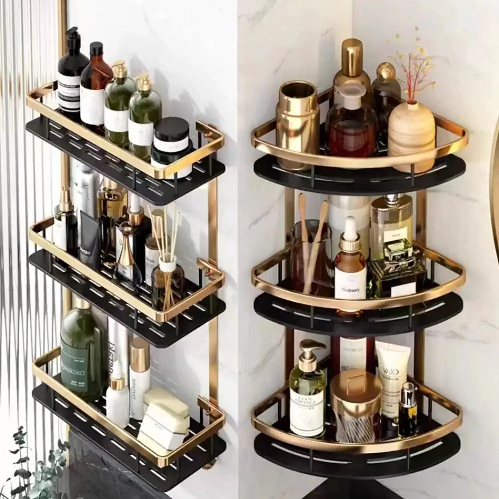 Simples Market bathroom shelves wall-mounted corner caddy set; space aluminum, no-drill, gold and black, 2-pack