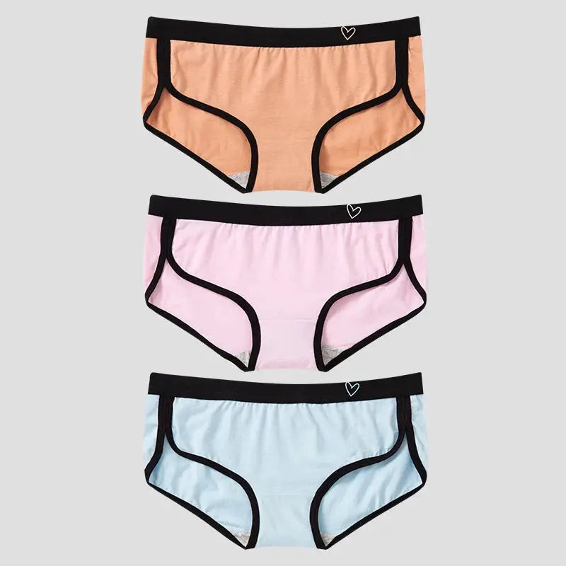 3-pack women's cotton low-rise briefs in peach, pink, and blue with black trim