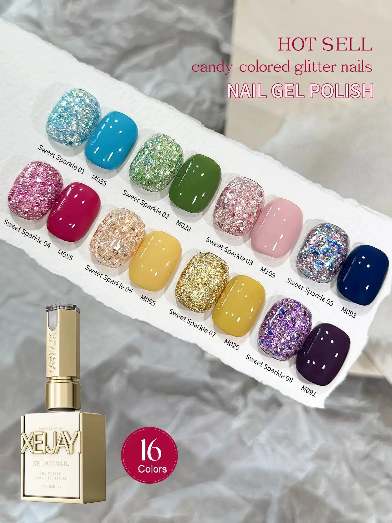 Nail gel polish set, 16-color candy-glitter sequins with solid shades by Simples Market