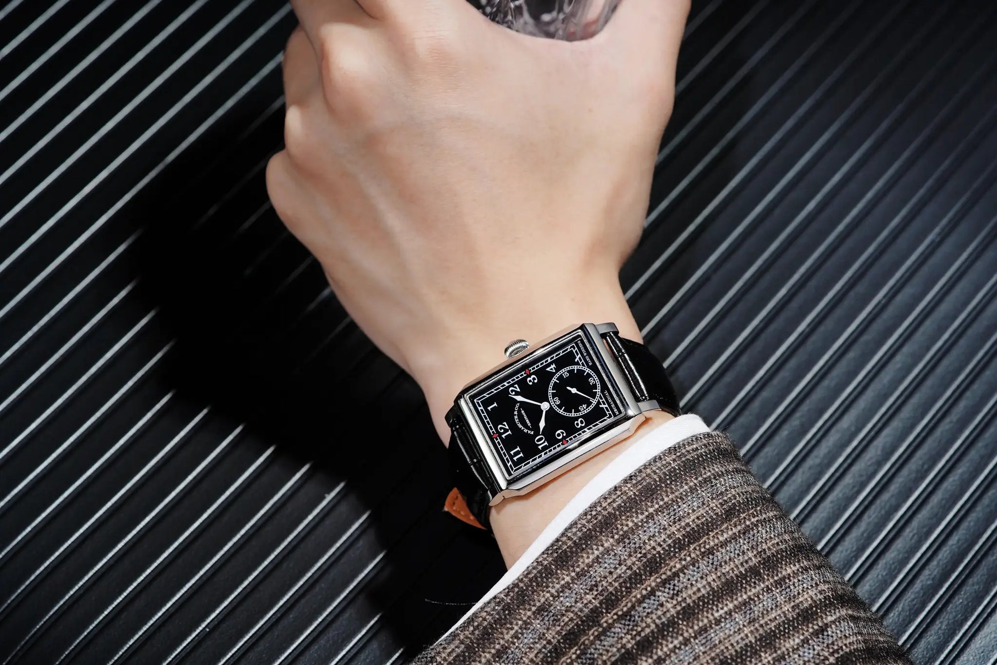 FARASUTE square men's mechanical wristwatch with black dial, silver case, black strap