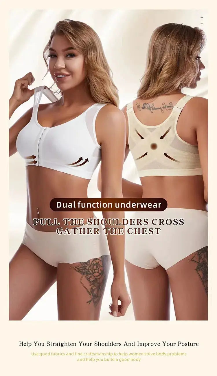 Front-closure posture-corrector lift-up bra, white; cross-back design, push-up, shockproof sports underwear (2 shown)
