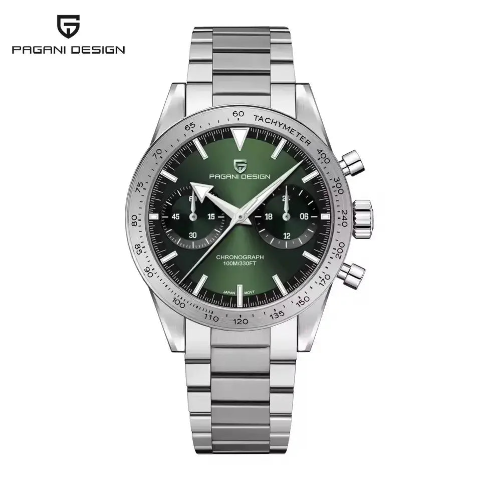 Pagani Design stainless steel chronograph watch with green gradient dial, stainless steel bracelet, and tachymeter bezel.