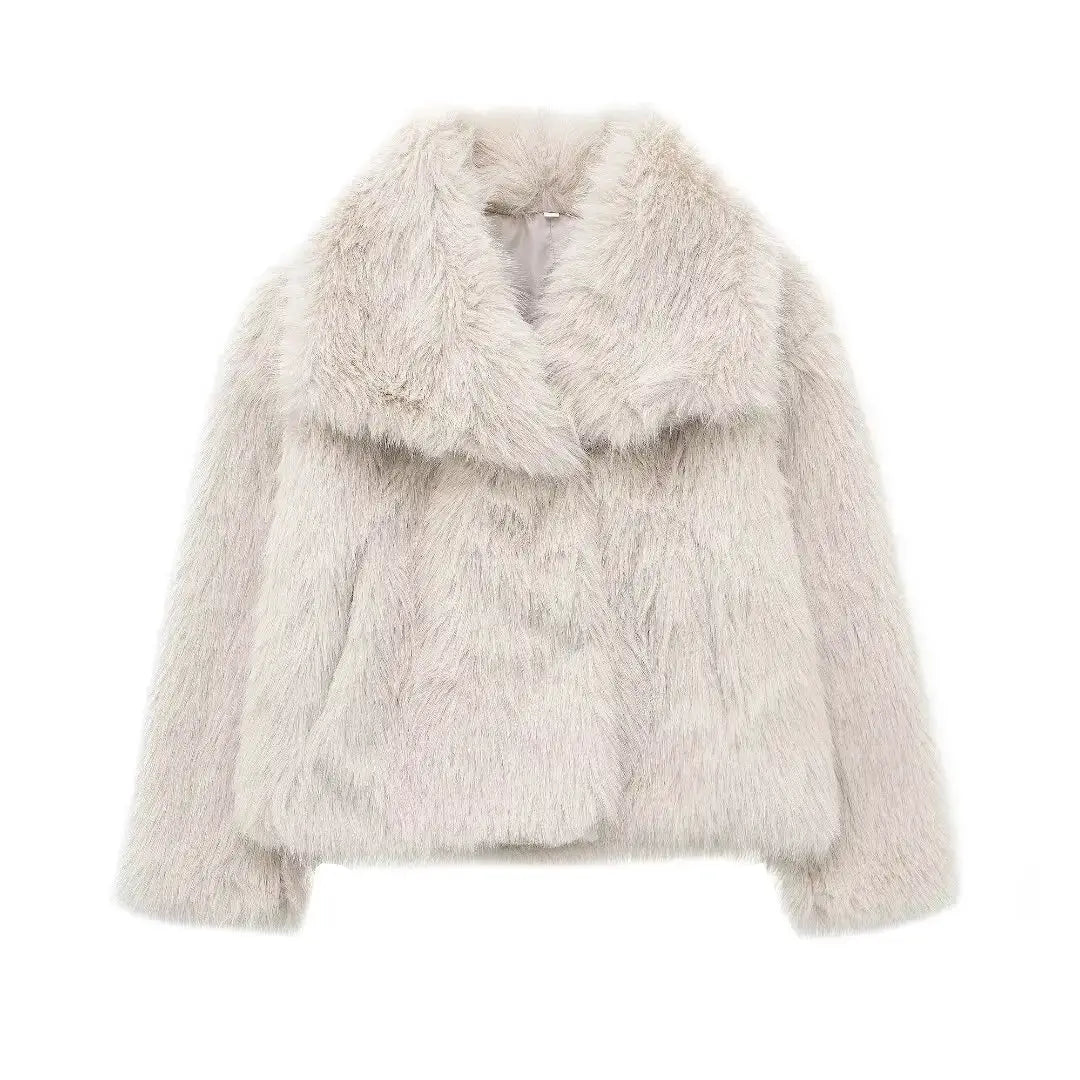 HH Women Fashion Cropped Faux Fur Jacket Coat Long Sleeve Front Snap Button Closure Lapel Collar Thick Outerwear Chic