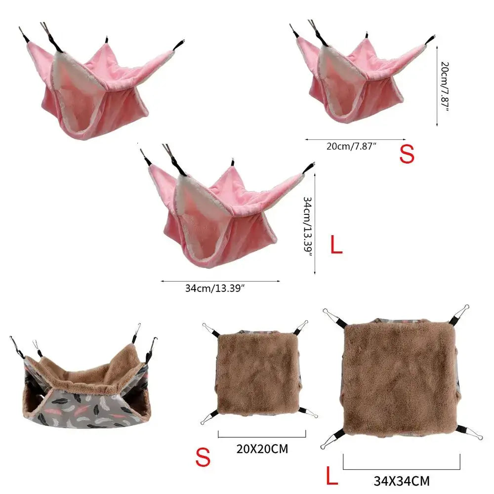 Simples Market warm plush hamster hammock set, pink double-layer nests for small animals, S and L sizes.