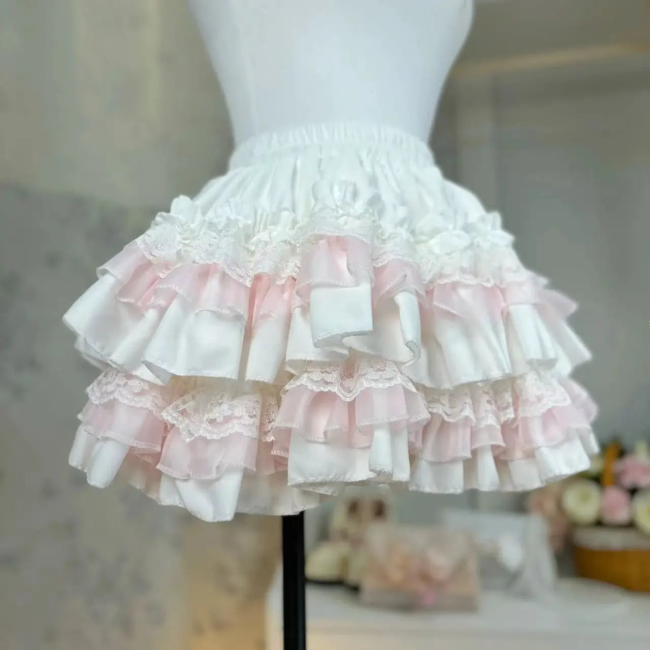 Lolita style princess cake skirt, white with pink lace and layered ruffles for women