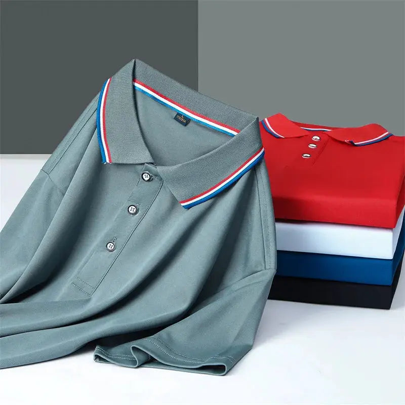 Two Simples Market men's casual polo shirts, teal and red, short sleeves, stacked on boxes.