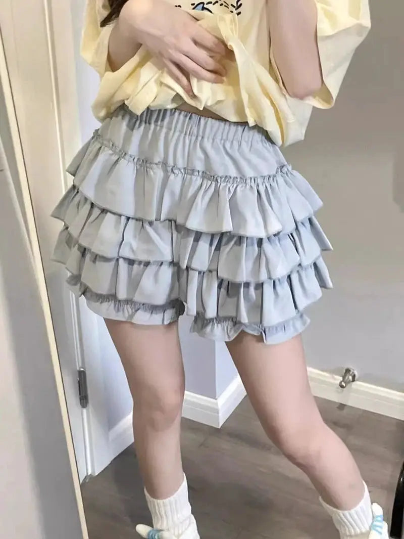 MEXZT Y2K sweet ruffle mini skirt, light blue layered A-line, high-waist, Simples Market