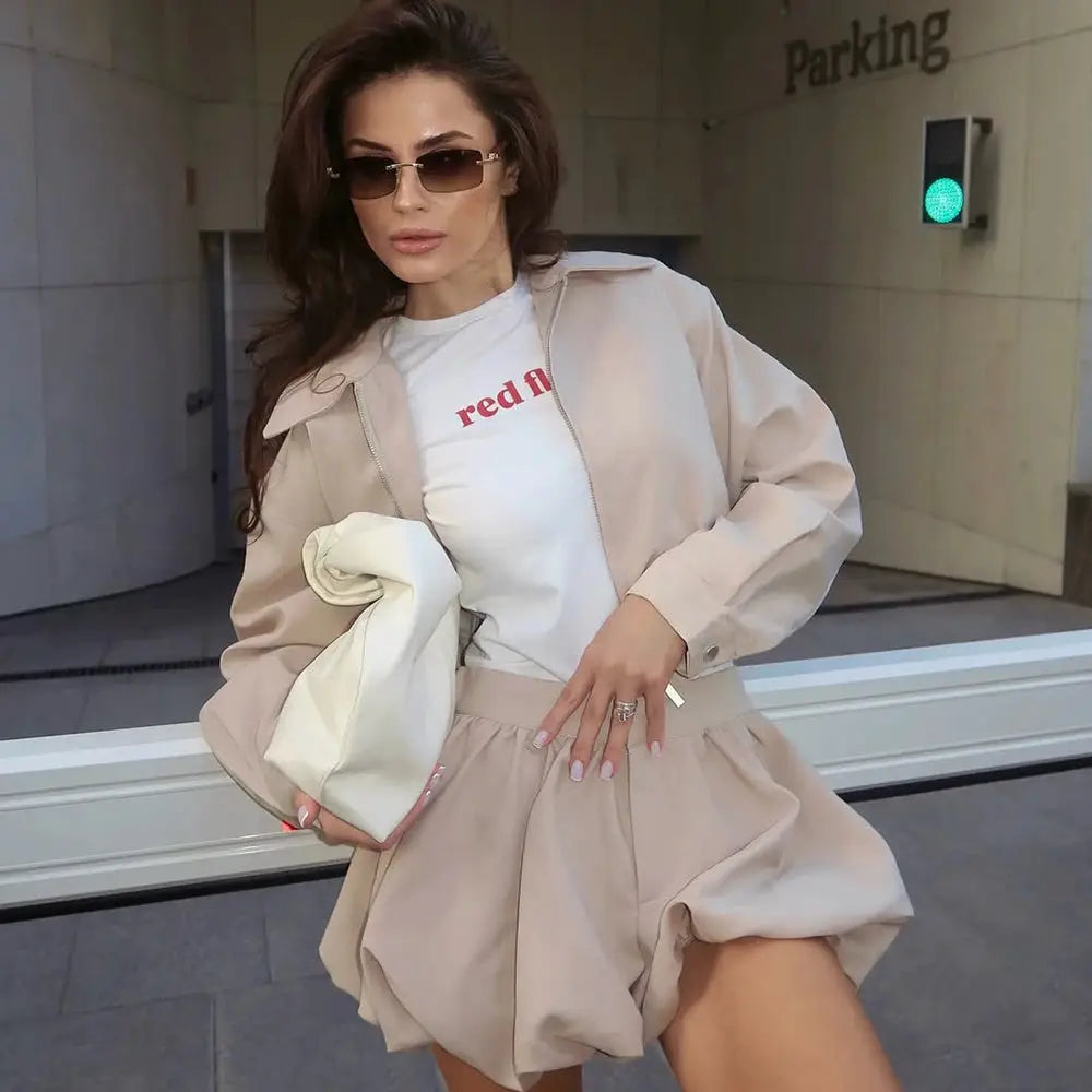 Tuularose Womens Lapel Zip Jacket Two Piece Pleated Shorts Autumn Suit