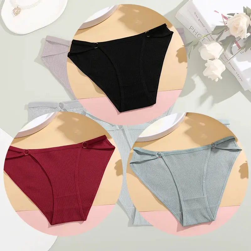 Simples Market 3-piece women's cotton striped briefs in black, burgundy and gray for breathable comfort underwear