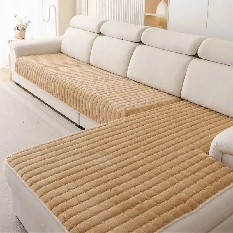 Plush quilted sofa cushion covers, 2-piece set, with non-slip backing on beige sectional sofa