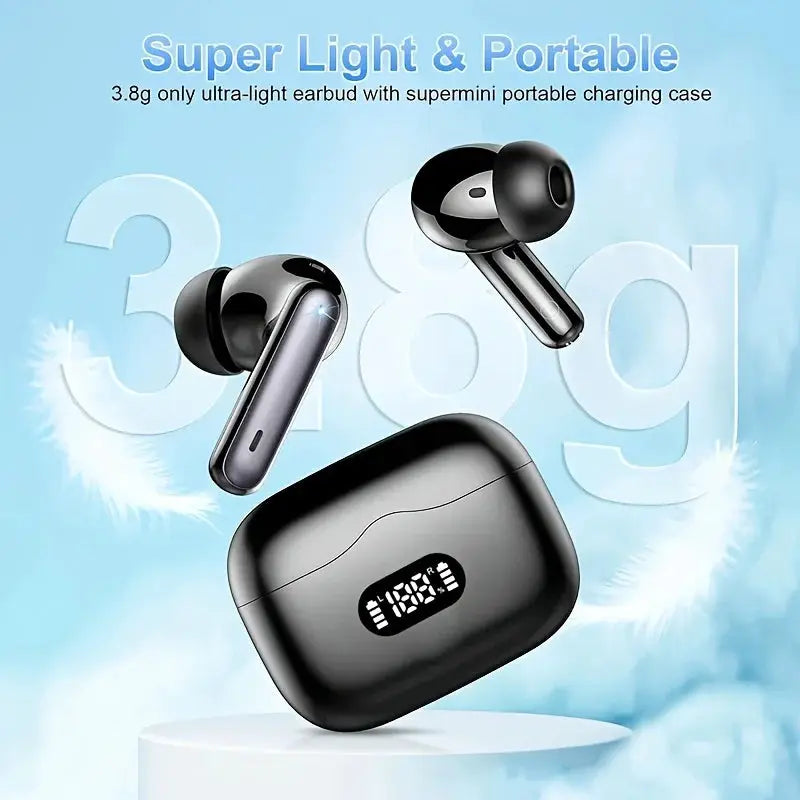 Simples Market wireless earbuds (2) with charging case, LED display, black TWS, 40dB noise cancelling
