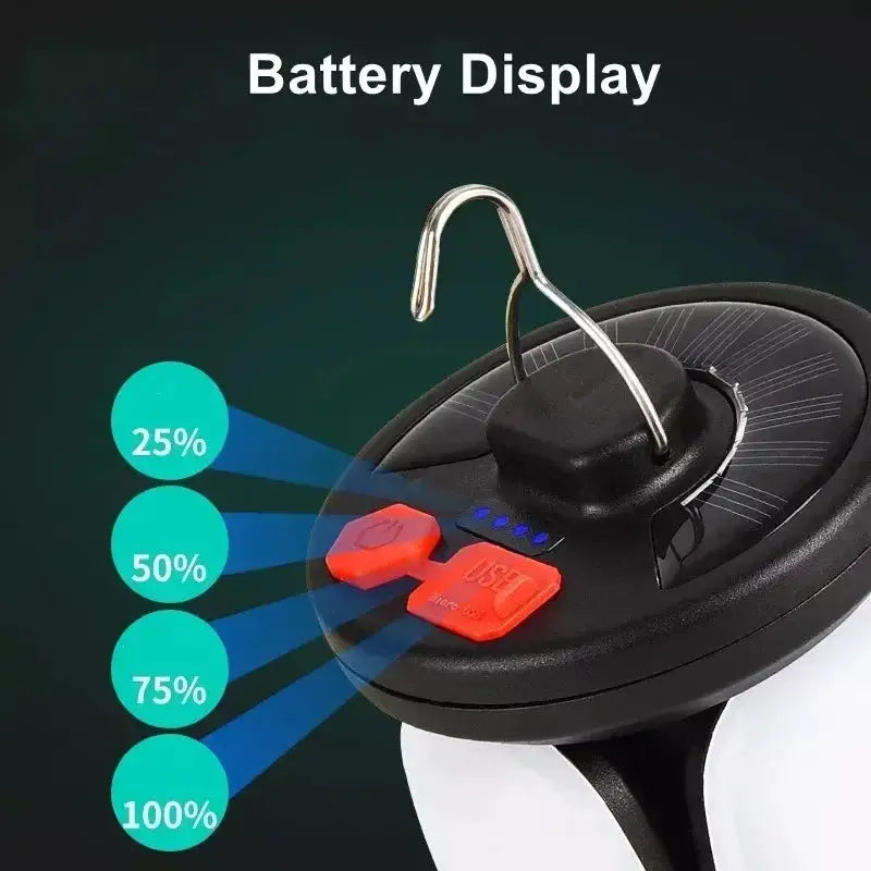 Outdoor LED leaf camping lamp by Simples Market, USB rechargeable with battery level indicator and hanging hook