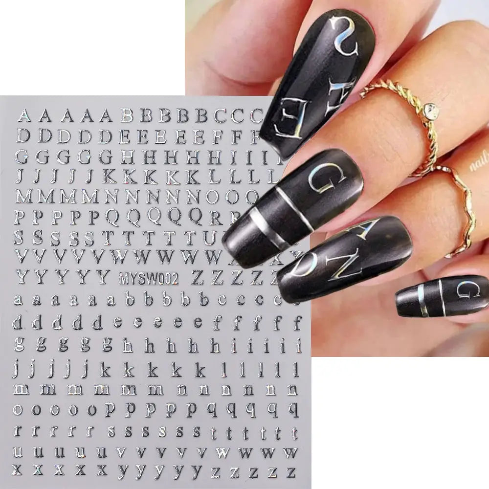 3D Roman letter nail stickers by Simples Market in metallic gold/silver/black, self-adhesive uppercase alphabet decals