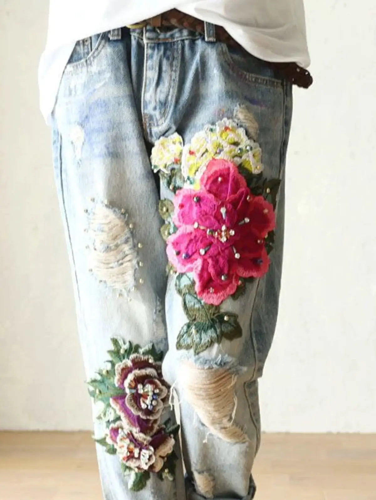 2026 Fashion Jeans for Women Floral Embroidered Denim Trousers Loose