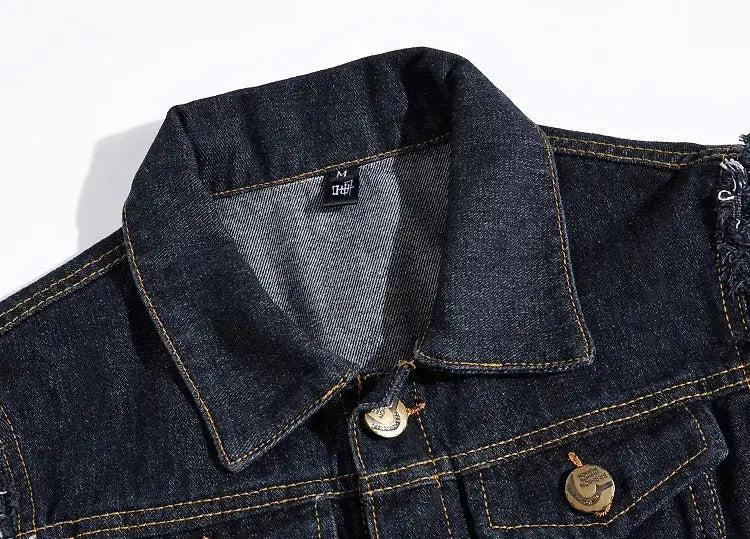 Denim sleeveless vest in dark blue with collar, orange contrast stitching and metal buttons