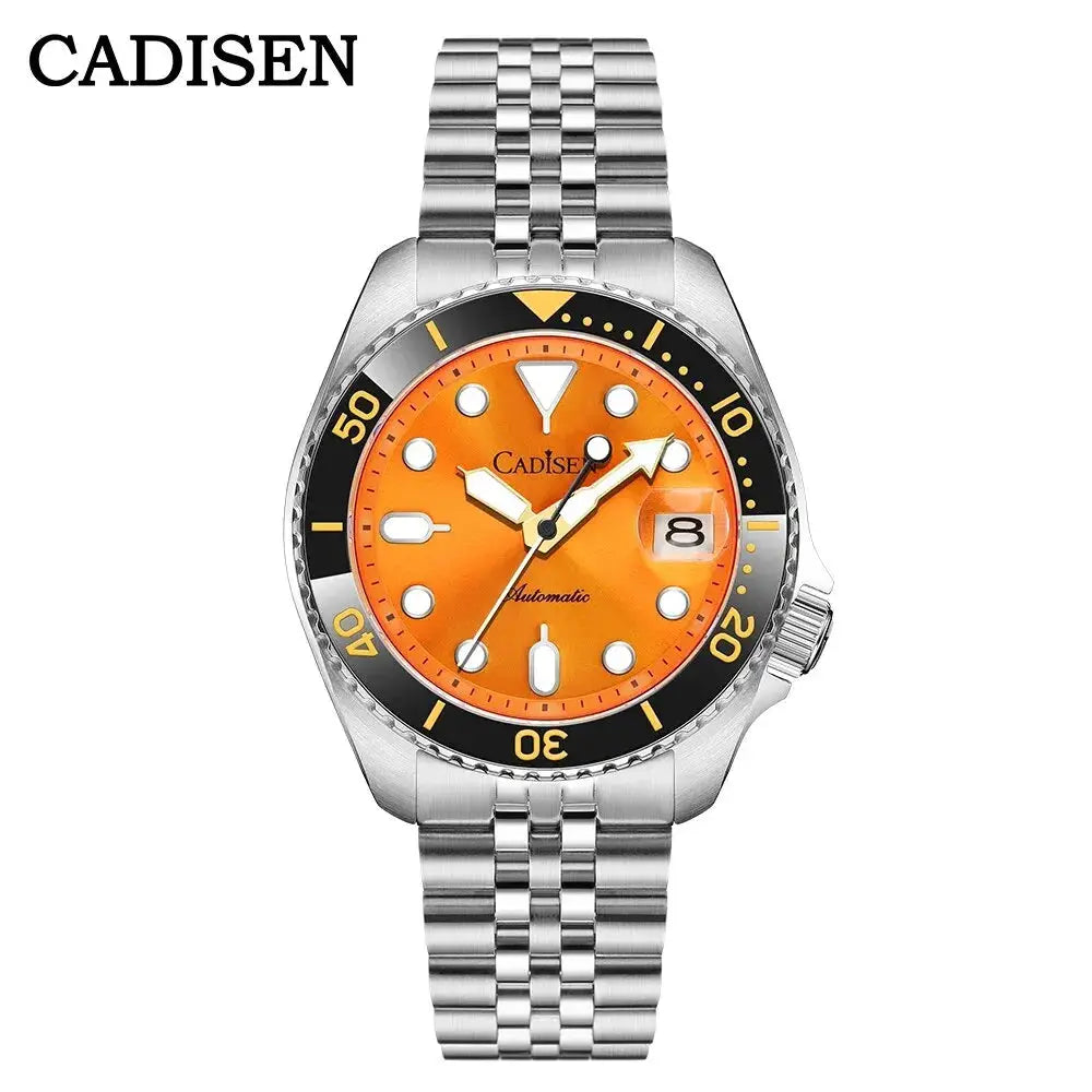 CADISEN men's automatic wristwatch with orange dial, ceramic bezel, sapphire glass, stainless steel bracelet