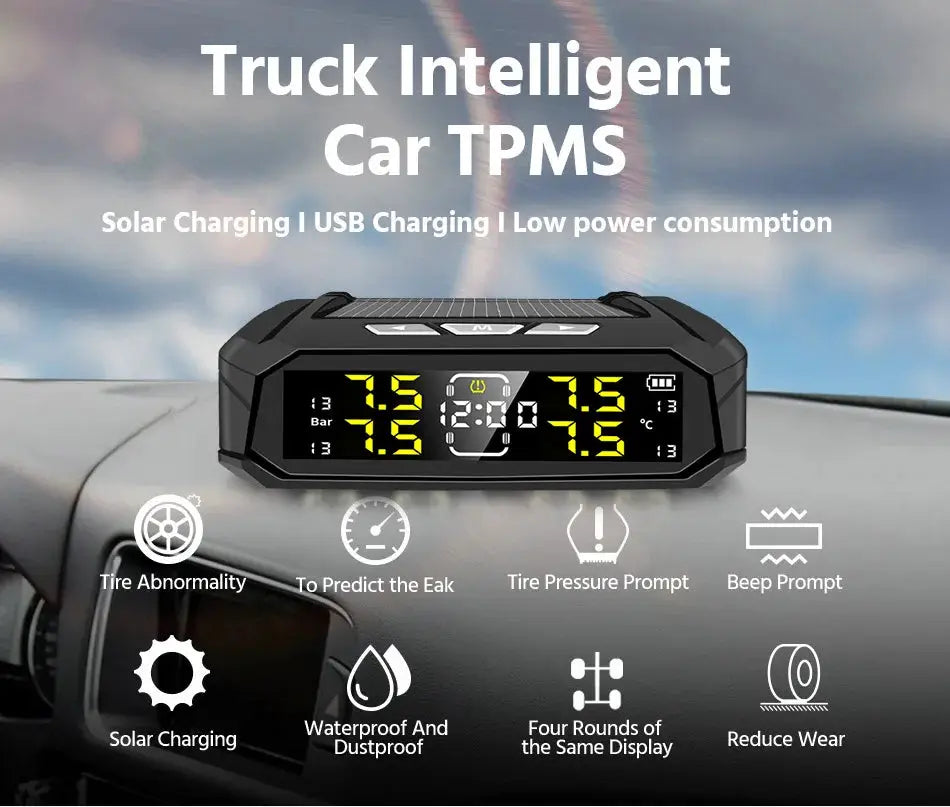 E-ACE Car TPMS Sensor 8 Bar Smart System by Simples Market, black solar-powered LCD display mounted on dashboard