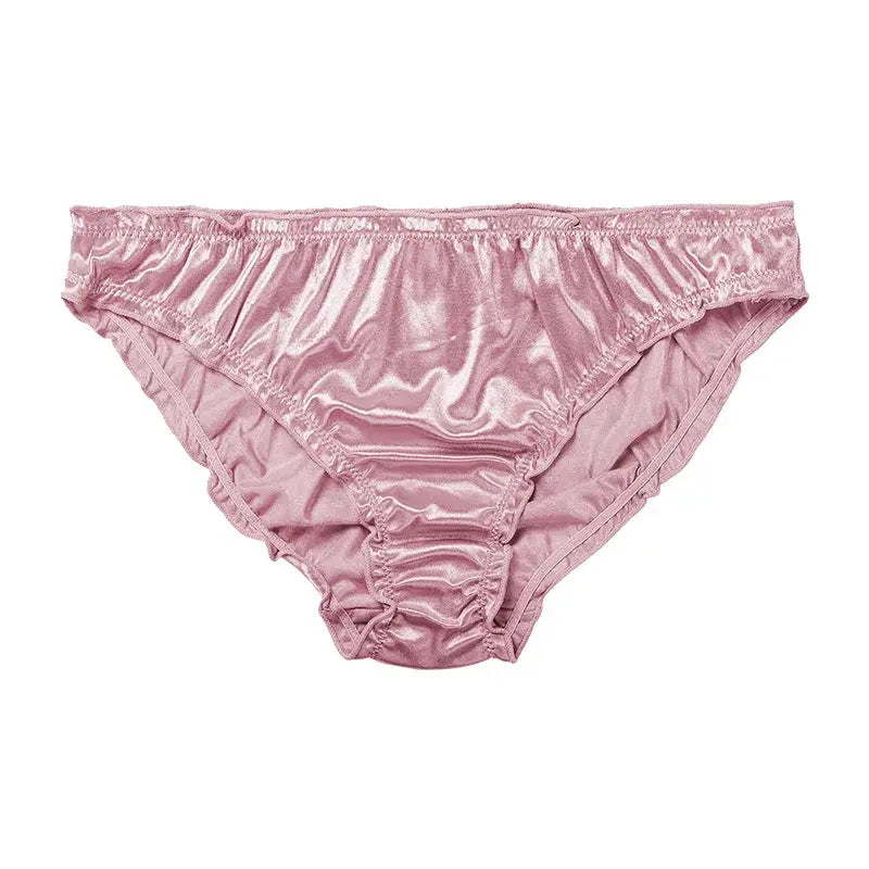 Women's pink satin briefs with a low-waist fit and ruched front, breathable and comfortable underwear