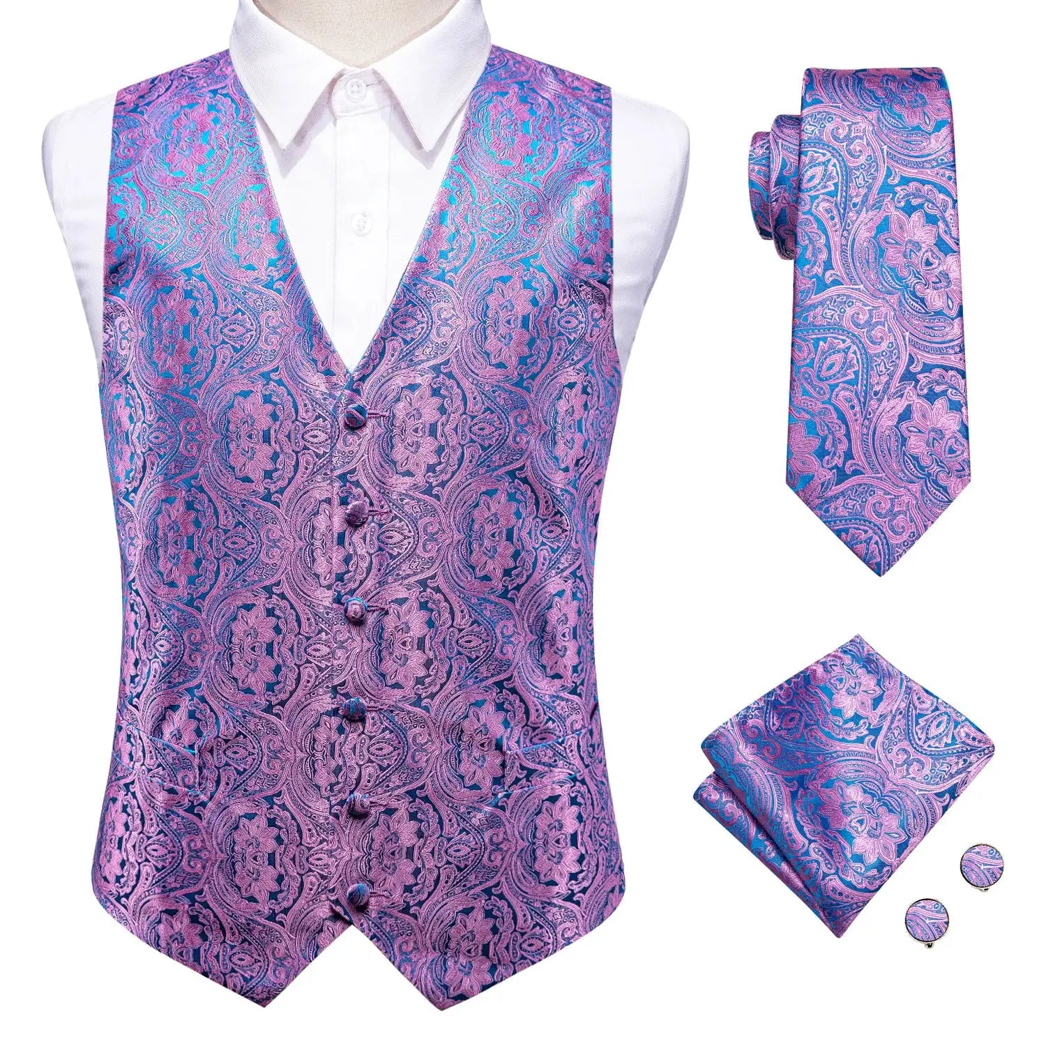 Wedding purple men vest set of 4 with paisley floral pattern; includes waistcoat, necktie, handkerchief, and cufflinks.