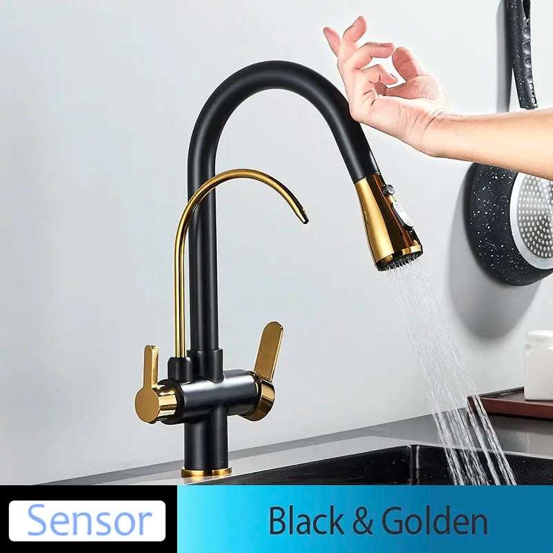 Onyzpily black pull-out kitchen faucet with gold-tone dual handles, deck-mounted hot and cold spray