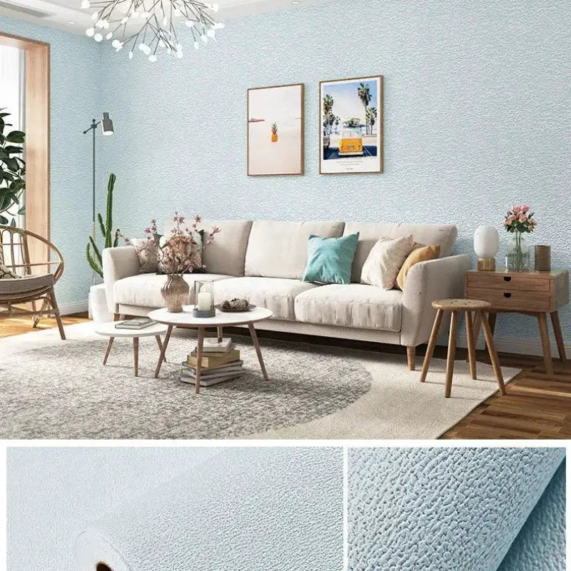 Linen 3D foam self-adhesive PVC wallpaper in light blue; textured, waterproof wall background.