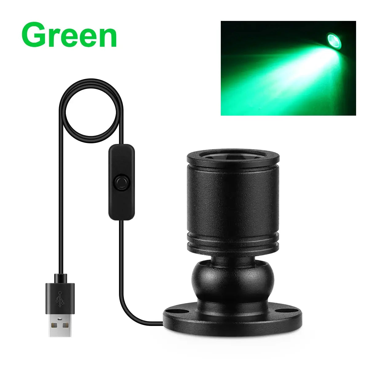 Colorful LED Spotlight USB 5V mini ceiling light on black mount with inline switch; green beam