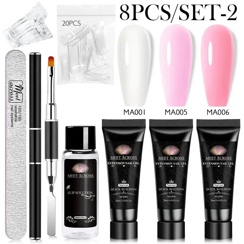MEET ACROSS extension nail gel kit by Simples Market; MA001/MA005/MA006 gels, slip solution, brush, file, 20pcs tips.