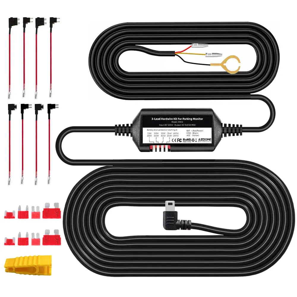 AZDOME M550 Pro dash cam hardwire kit for parking monitor with black power harness, red leads, and fuse taps