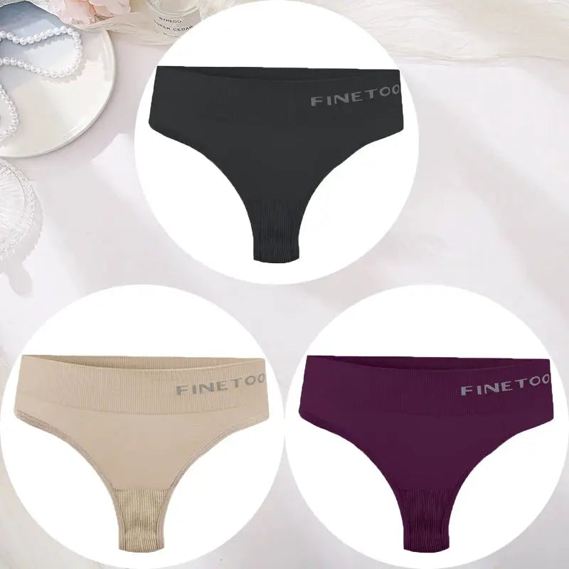 3-pack Finetoo women's seamless high-waist thong underwear in black, beige, and purple.