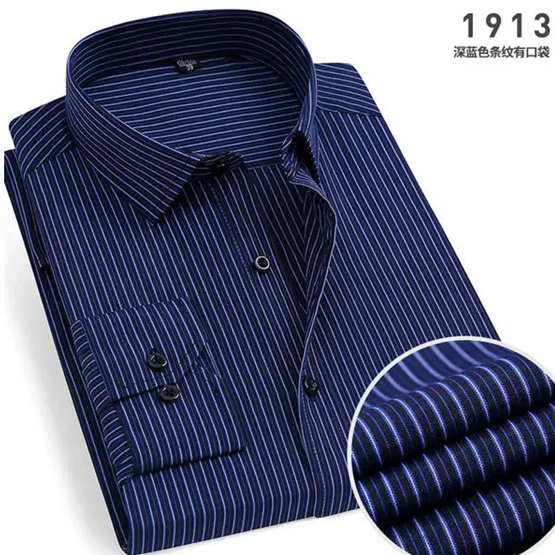 Men's striped navy blue long-sleeve shirt with thin light stripes, business casual, all-fit