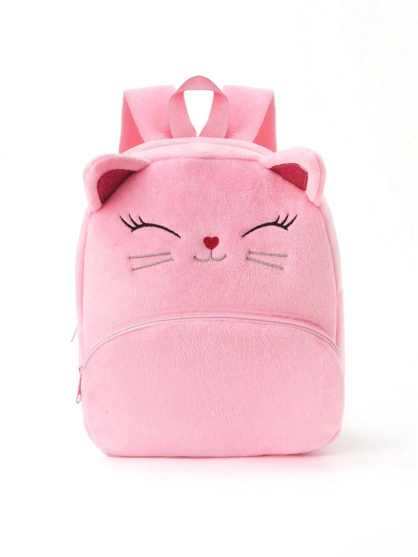 Pink plush cat-face backpack for kids with embroidered whiskers and ears, soft toy-like material.