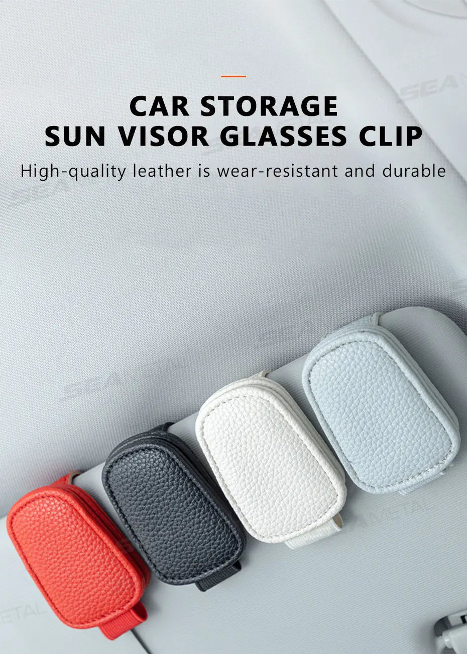 Car sun visor clip glasses holders set in red, black, white, light gray, and light blue PU leather (5 pieces)