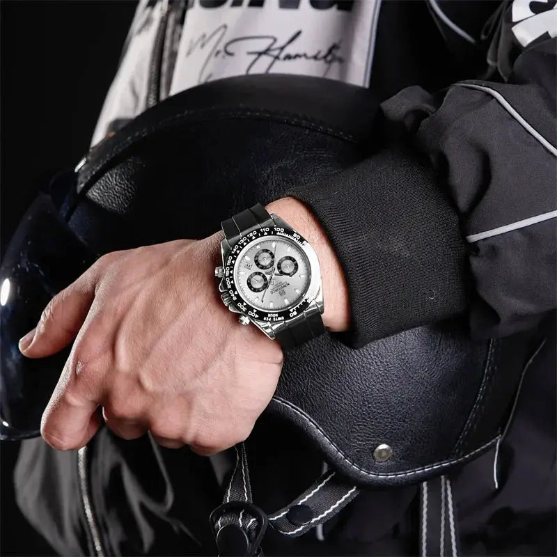 NAVIFORCE NF8054 men's silicone-band chronograph wristwatch with black strap and silver dial