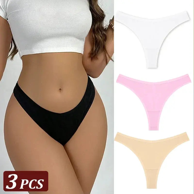 Thong underwear set for women, Simples Market, 3Pcs cotton seamless low-waist thong in white, pink, beige