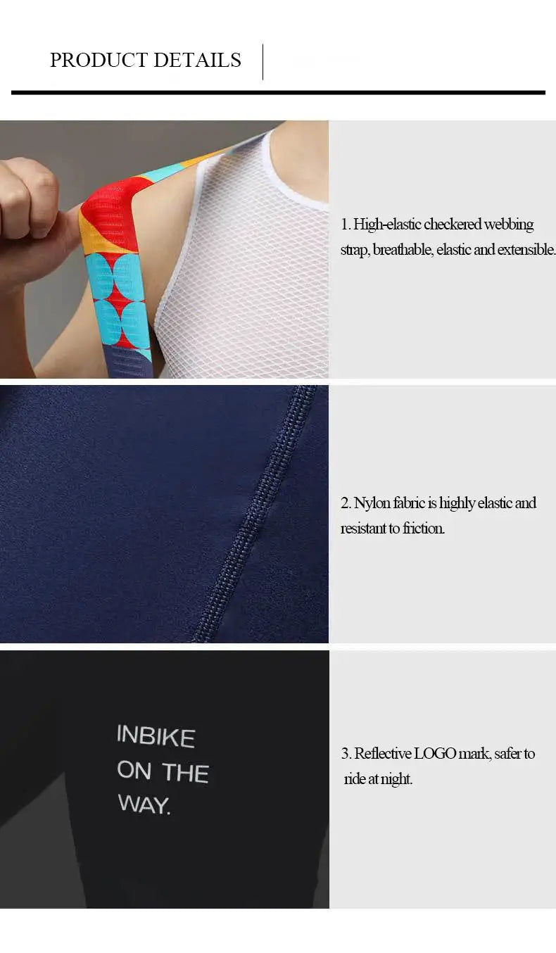 INBIKE men's MTB cycling bib shorts, navy nylon fabric with multicolor patterned shoulder straps and reflective logo.