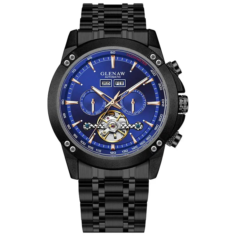 Glenaw automatic mechanical men's watch with blue dial, black stainless steel bracelet and skeleton movement