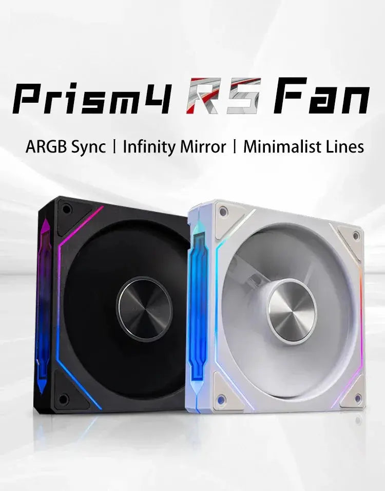 Simples Market Prism 4RS 120mm ARGB PC case fans with infinity mirror design, motherboard sync, PWM; black and white twin fans