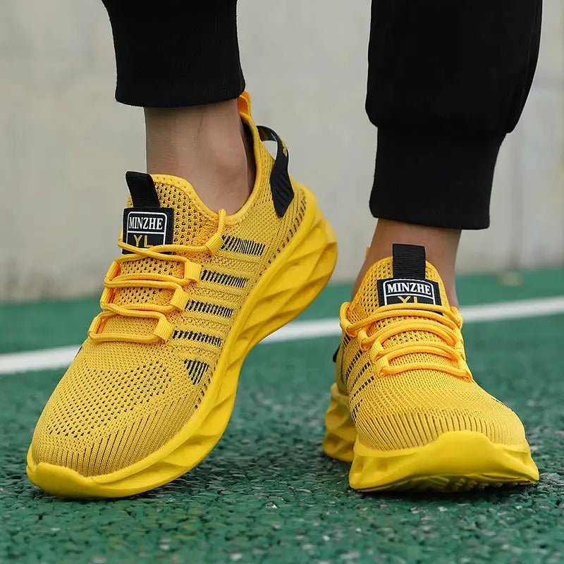 MINZHE yellow unisex sneakers, breathable mesh running shoes for walking, sizes 37–47