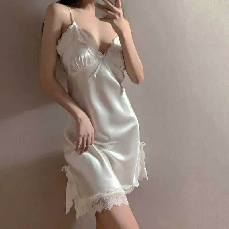 LaceAura Women Lace V Neck Sleepwear Nightdress With Suspender Straps Breathable Lightweight Polyester Comfort