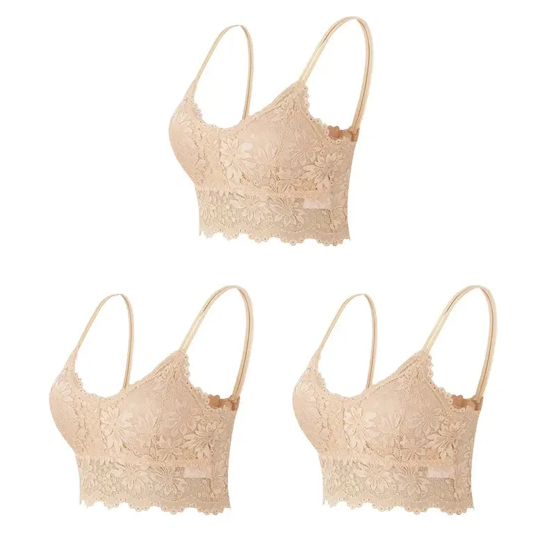 4 beige lace bralettes with floral pattern and scalloped hem