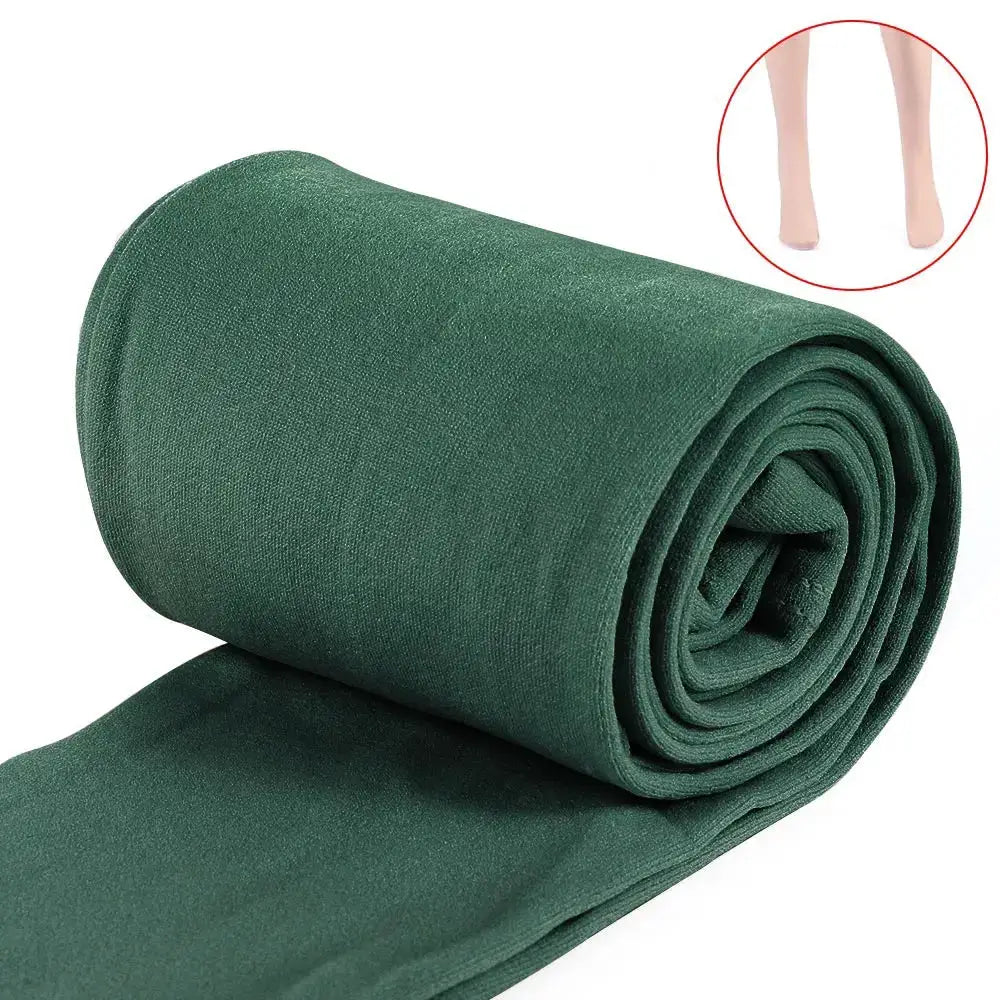 Slim green women's winter thermal leggings with fluffy lining; stretchy, thick warm tights