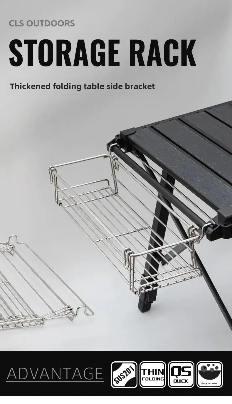 Outdoor aluminum table side storage rack; silver hanging wire basket for folding table by Simples Market